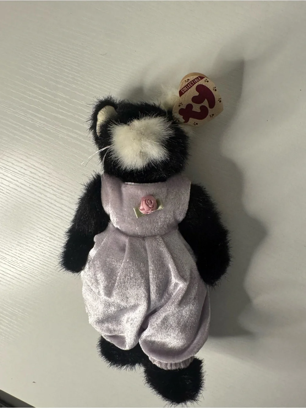 Ty Black & White Cat Beanie Baby in Lilac Outfit